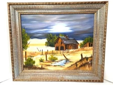   Framed Art Old Barn & Fence Prairie Stormy Sky 24 x 20 Oil Painting 