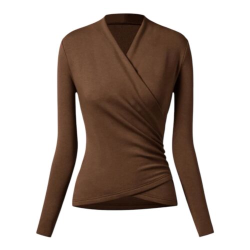 OGL Heavy Thermal Brown Surplice V Neck Long Sleeve Knit Top Womens Size L