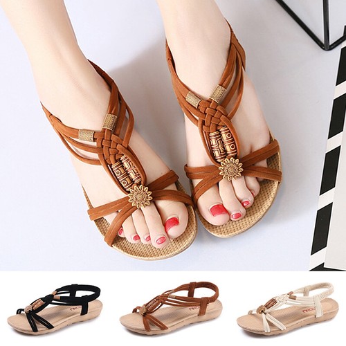 Ladies Strappy Sandals Elastic Open Toes Comfy Flat Womens Cushioned Shoes Size - Picture 12 of 28