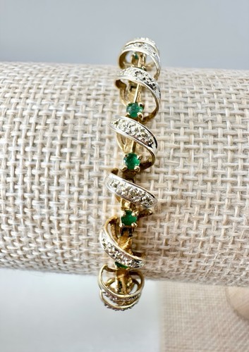 Spiral Link 10K Gold India Emerald Bracelet 7.3" 11.21g 22 Stones, Estate - Picture 2 of 9