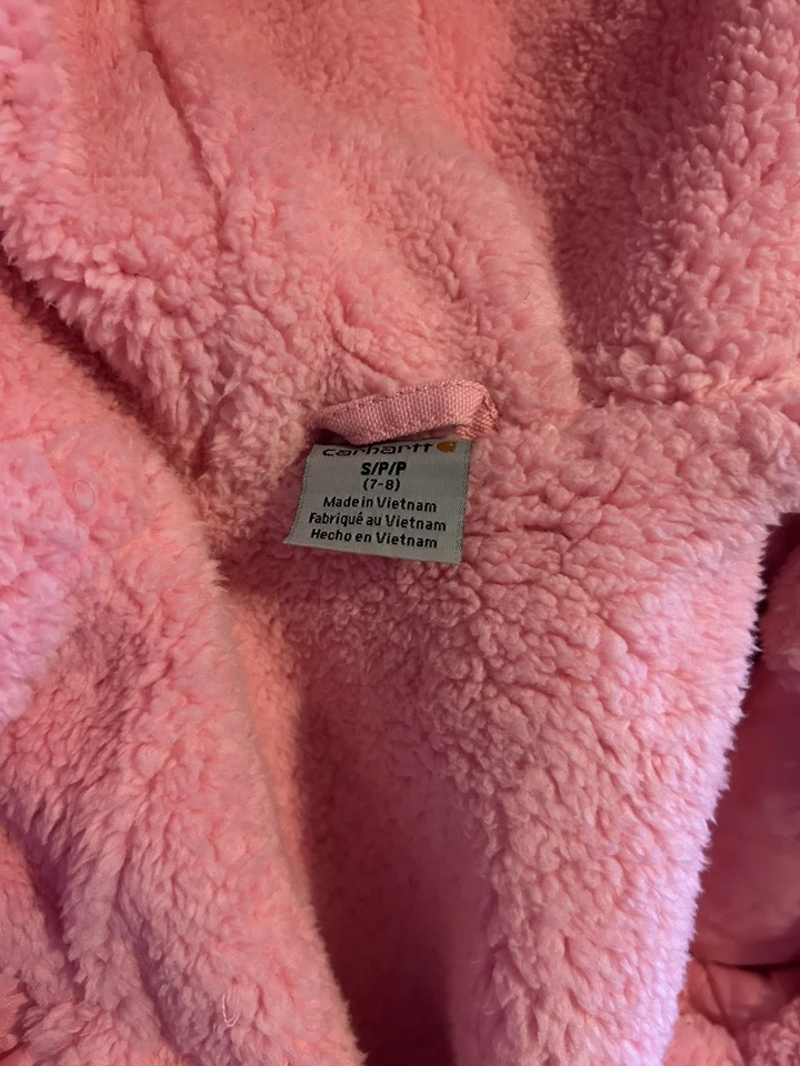 Carhartt Jacket Girls Small 7-8 Pink Hooded Sherpa Lined Canvas Workwear Coat - Image 4 of 4