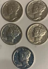 Lot Of Five Mercury 90% Silver Dimes (AU-BU) 1917, 1939-D, 1941, 1942-D, 1944
