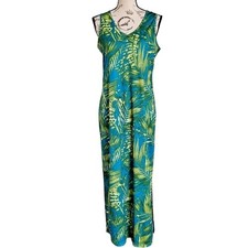 Vintage Hilo Hattie Hawaiian shift Maxi Dress size S Sleeveless Green Tropical