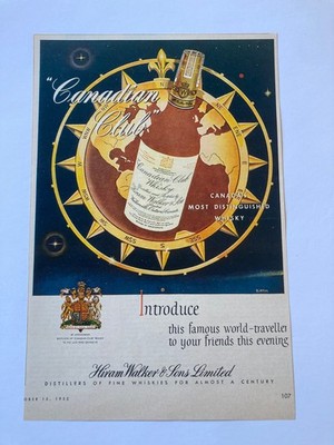 1955 CANADA AD CANADIAN CLUB WHISKY HIRAM WALKER WORLD TRAVELLER COMPASS