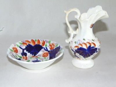 Antique GAUDY WELSH Child's Doll Ironstone Miniature PITCHER & BOWL Toy, Imari
