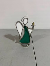 STAINED GLASS ANGEL W/Candle In Hand Sun Catcher 6   Silver, Green, White Easter