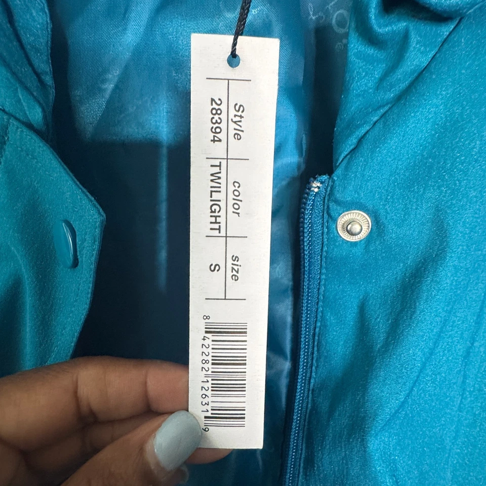 Chaqueta Samuel Dong Mujer Pequeña Azul Cinturón Volantes Cuello Burbuja Dobladillo Largo Medio Foto 4 de 4