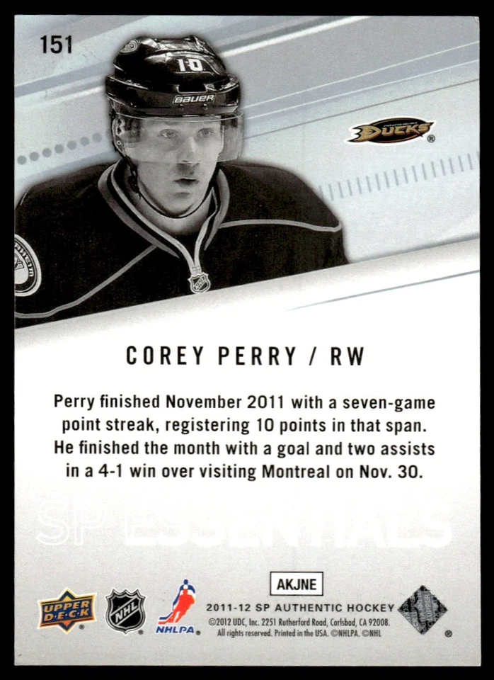 2011-12 SP AUTHENTIC ESSENTIALS Corey Perry Anaheim Ducks #151 - Image 2 of 2