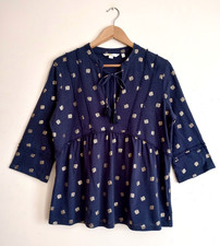 BODEN Gemma Top size 16 Tassel Tie Navy Cotton Gold Print