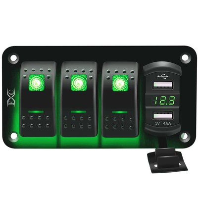 FXC 12V 24V DC 3 Gang Rocker Switch Aluminum Panel with Voltmeter & Dual USB(...