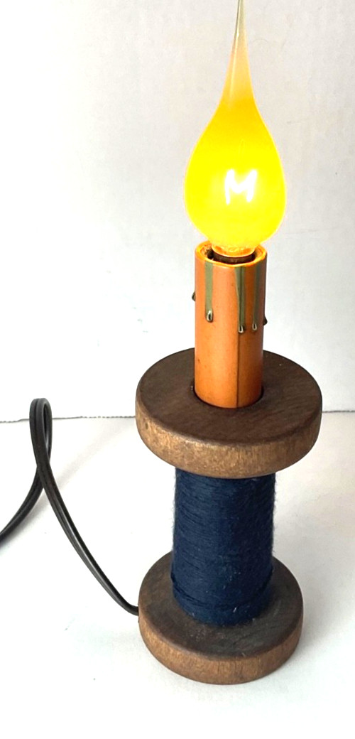 Wooden Spool Accent Lamp Blue Thread 7'' Pre Owned