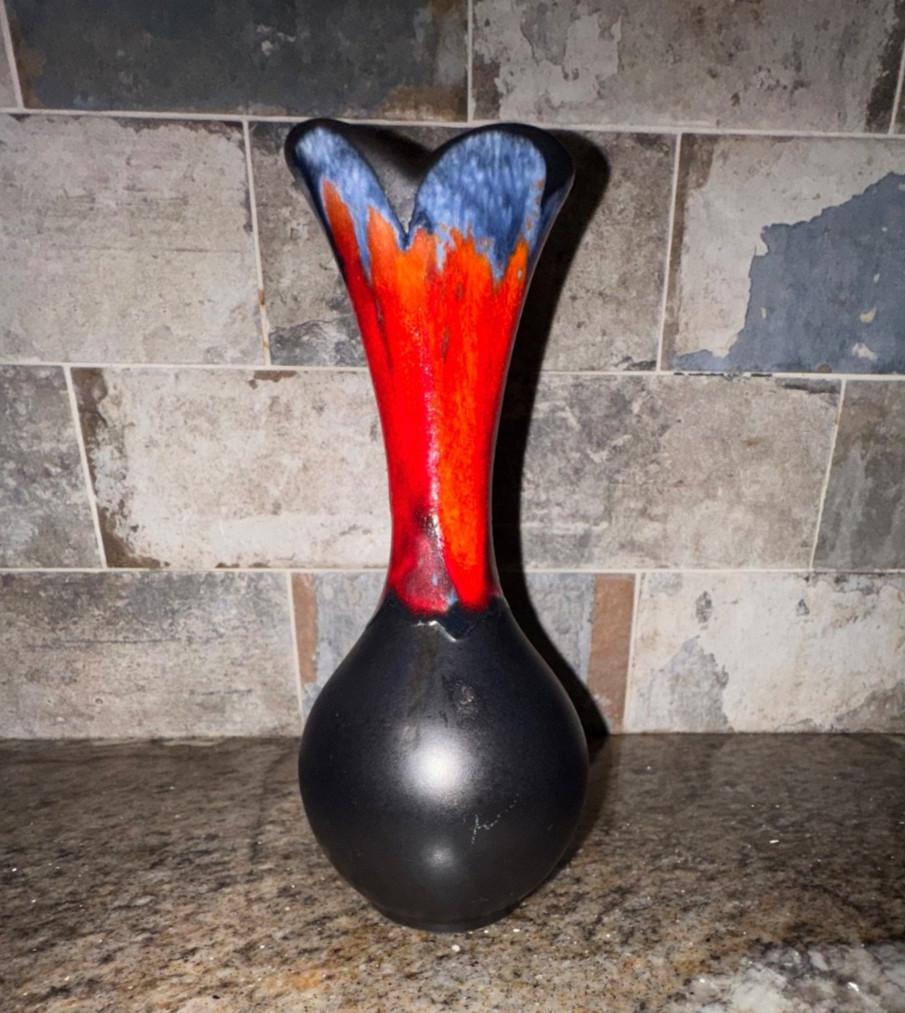 Vintage Haeger Art Pottery Black Mystique Orange Red Lava Drip MCM Vase #4001