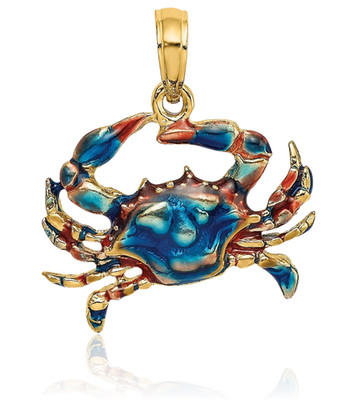 14K Solid Yellow Gold Medium Blue Crab Claw Pendant Necklace 20mm 3/4 inch