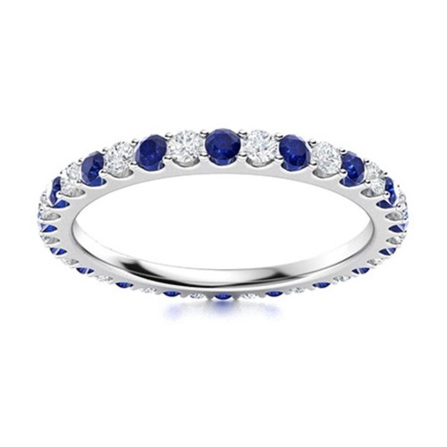 Full Eternity 2MM Round White Topaz & Blue Sapphire 925 Sterling Silver Ring