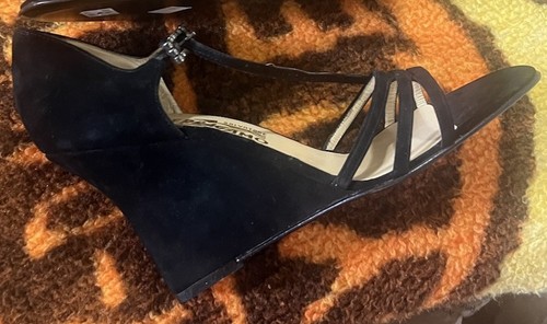 Salvatore Ferragamo black wedge sandals open toe Ankle Buckle Italy 10 B - Picture 6 of 17