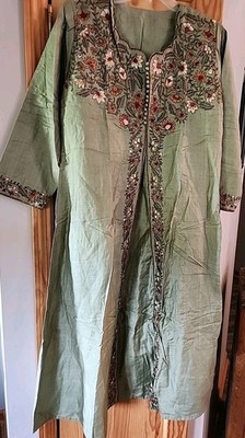 Indian Cotton Saree For Women No Tags, M/L?, Embroidered,  Green, Lg Sl. 