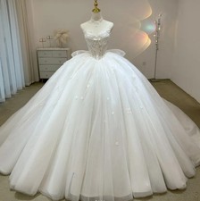 White Crystal Embellished Wedding Dress Tutu Skirt  Bow Long Train eEngagement