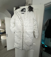 New Look White Long Puffer Coat Padded Faux Fur Trim Hood Polyester UK 10