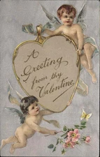 Valentine's Cupids Roses Big Heart Winsch c1910 Vintage Postcard