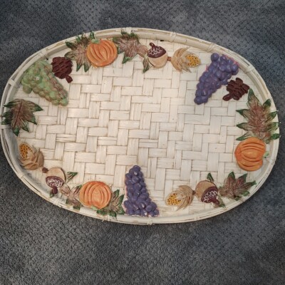 Vtg Woven Basket Platter Fall Fruit Pumpkins Clay Hand Painted Multi Use 14''x10''