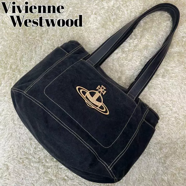 USED Vivienne Westwood Black Big Orb 2way Tote Bag Canvas JAPAN