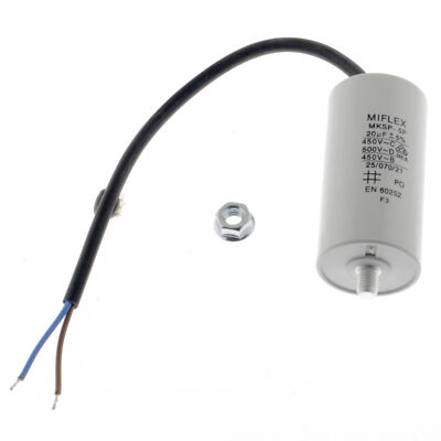 AnlaufKondensator MotorKondensator 20µF 450V 40x78mm Leitung M8 Miflex, 20uF