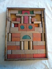 Stary przedwojenny drewniany zestaw budowlany zabawek JSG, Niemcy, bardzo dobry