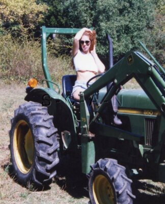 Semi Nude Color Real Photo- Redhead- Tractor- Blue Jeans Cut Off Shorts