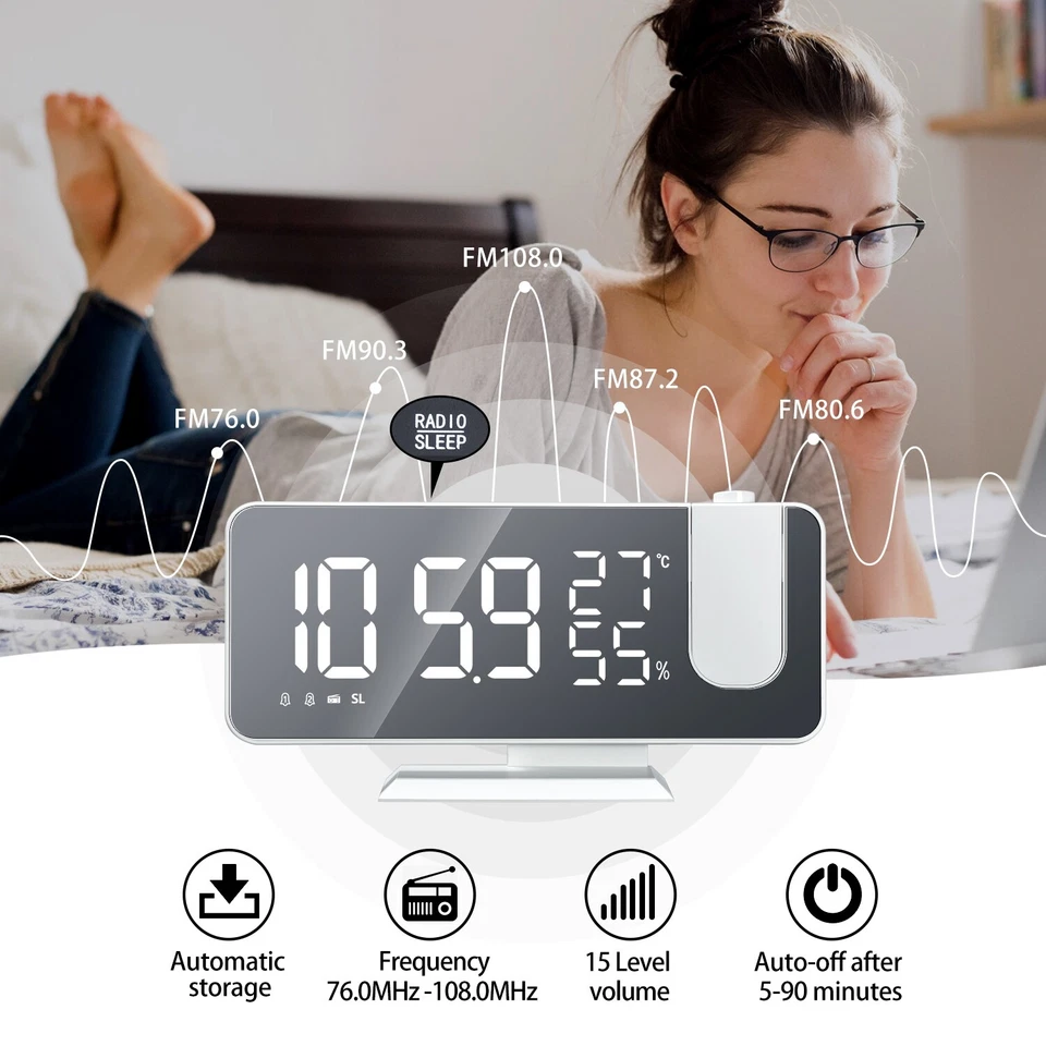 Desk Dual Alarm Clock LCD LED Digital Time Projection FM Radio Snooze Timer USA - Image 3 of 4