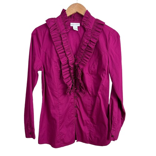 Soft Surroundings Magenta Pink Ruffle Tuxedo Blouse Top Button Down S Small