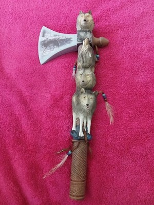 decorative native american-style tomahawk hand painted wolves.