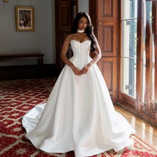 Charming Sweetheart Satin Wedding Dresses A line Sweep Train Bridal Dress Custom