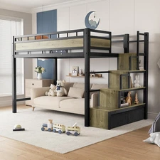 Twin Size Loft Bed with Storage Stairs and Guardrail for Adult Teens,Metal Space