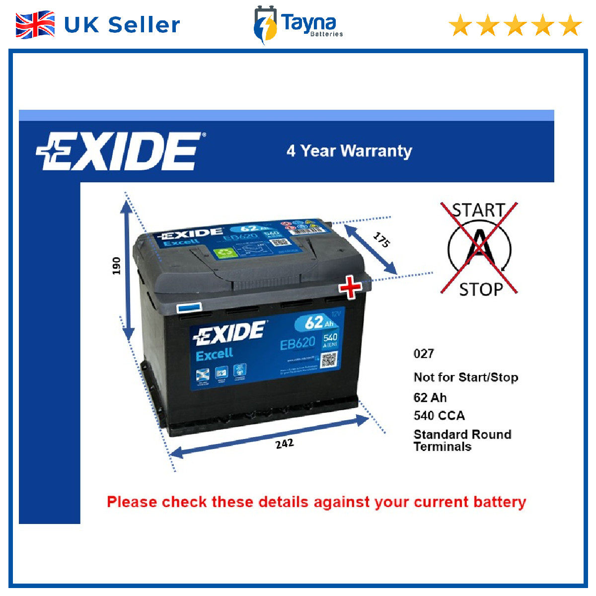 Battery fits DACIA DOKKER NOVA LODGY SHIFTER SOLENZA LOGAN EXPRESS 027