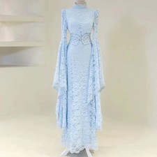 Lace Evening Dresses High Neck Flare Sleeves Crystal Prom Gown Party Dresses