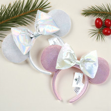 Japan Tokyo Disney Resort Silver + Pink Ribbon Glittering Minnie Ears Headband