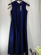 Samuel Dong Blue Satin Wide-Leg Jumpsuit XS V-Neck Sleeveless Zip Side Pockets