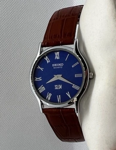 🌰🧿Ultra Slim Vintage Seiko Men Watch Blue Navy Roman Numerals+Corocodile🧿🌰