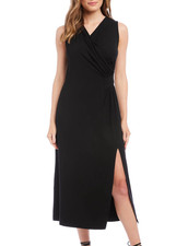 Karen Kane Women's Black Faux Wrap Midi Dress V-Neck Ruched Slit Stretch L