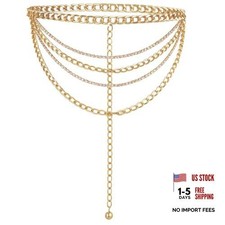 Multilayer Rhinestone Chain Belt, Cuban Crystal Sparkly Belly Chains Gold