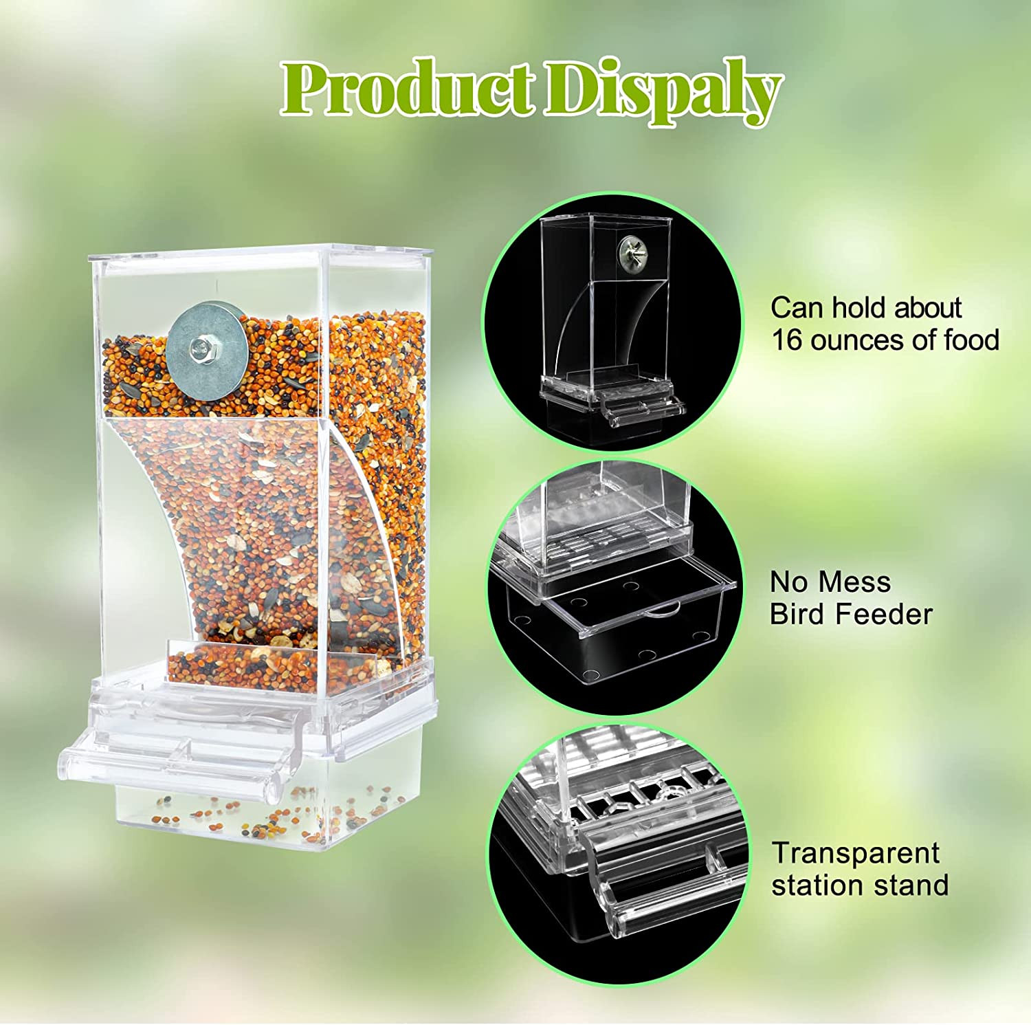 No Mess Automatic Bird Feeder Transparent Food Container Cage Acrylic Parrot Fee