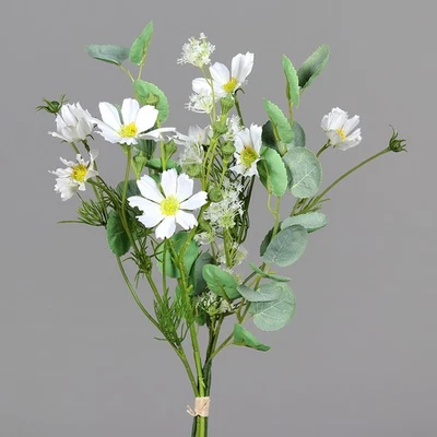 kleiner Strauß Cosmea Bund mit Eukalyptus H. 50cm weiß grün DPI Kunstblumen WA - Bild 1 von 4