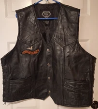 Diamond Plate Buffalo Leather  Black Motorcycle Biker Snap Vest w/ Patches 2X
