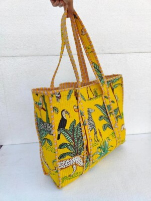 Indian Yellow Tiger Printed Quilted Shoulder Bag Women's Beach Cotton Handbag US