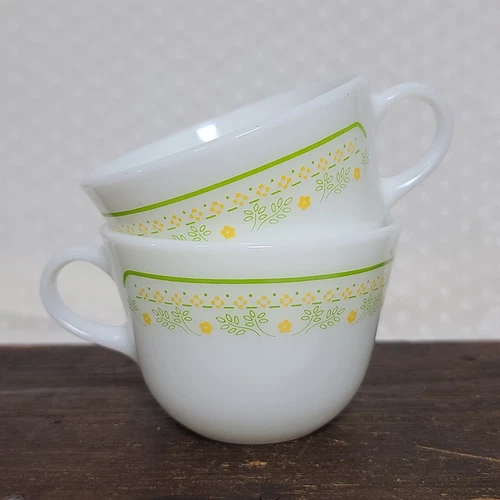 Vintage PYREX Sunshine Floral Green & Yellow Flowers Milk Glass Flat Cup Mug (2)