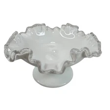 VTG FENTON Silver Crest Milk Glass Pedestal Bowl Candy Dish Clear Ruffle Edge 7"