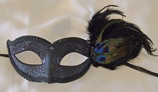 Venetian Eye Mask Black With Black Feathers Mardi Gras Halloween Costume Party