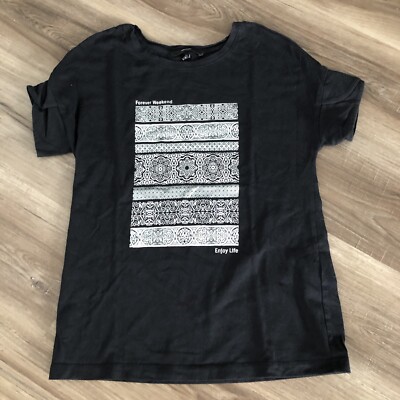 Vera Moda Black Silver Graphic Drop Shoulder Tapered Sleeve T-shirt Women Small