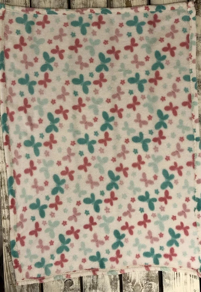 Girls Baby Blanket Butterflies Flowers White Teal Pink Fleece Lovey Butterfly - Image 4 of 4
