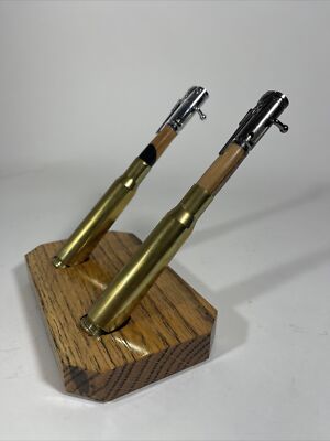 Desktop Bullet Pens & Holder 30 Cal EMPTYBolt Action & Wood With Dual 50 Cal